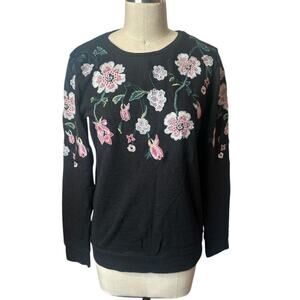 Loft Black Floral Embroidery Crew Neck Sweatshirt Sweater Women's Size S